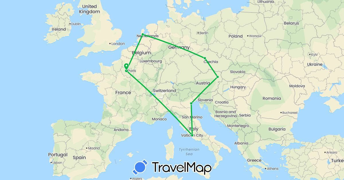 TravelMap itinerary: driving, bus in Austria, Czech Republic, France, Italy, Netherlands (Europe)